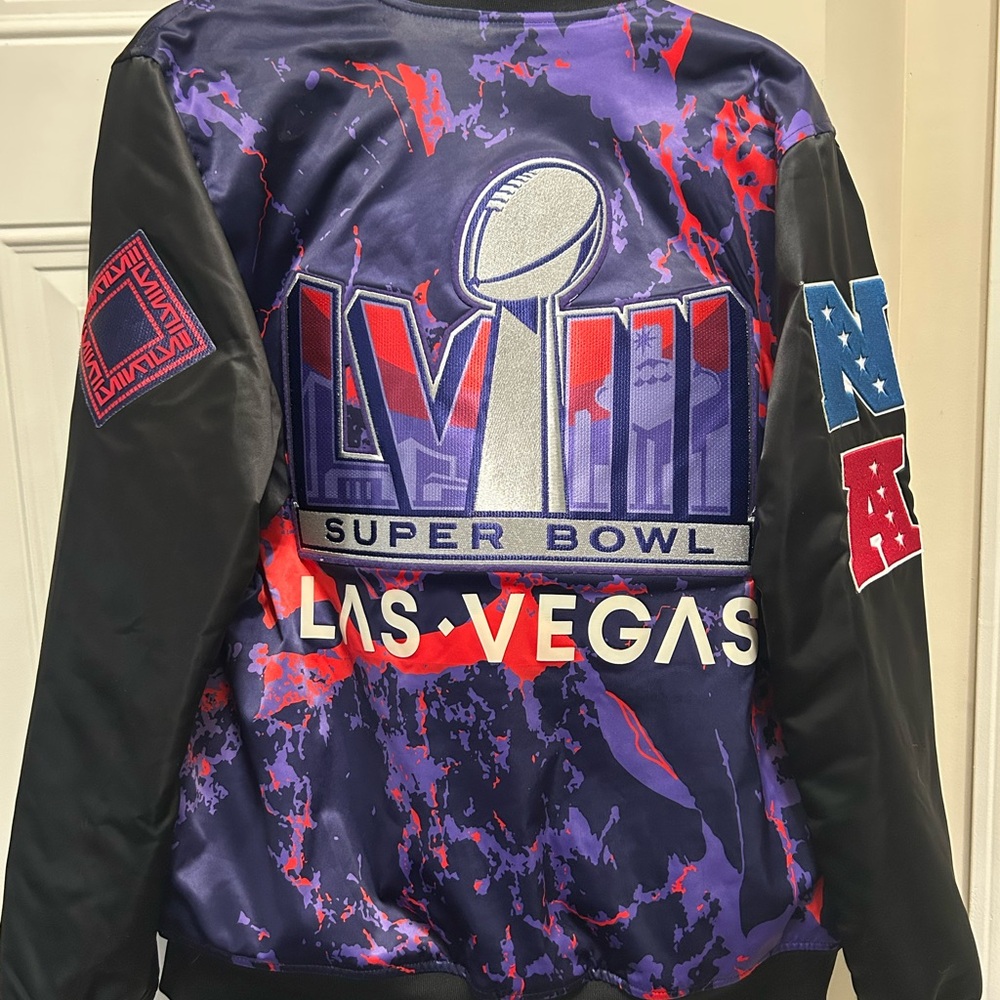 NFL Super Bowl 58 LVIII Las Vegas Bomber Satin Jacket Size Medium Black & Purple - Picture 8 of 9